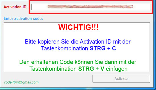 Beispielansicht der Software mit rot markiertem Feld für die Activation ID